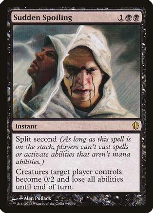 Card art depicts hooded figures with somber expressions. Black and white tones.