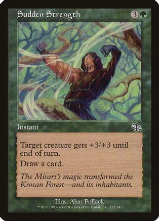 Figure with glowing energy in green forest, Sudden Strength Magic: The Gathering card.