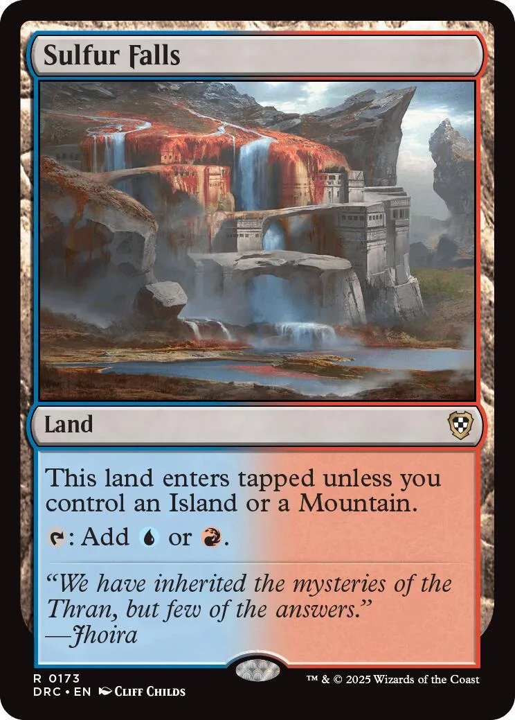 Fantasy landscape card art showing waterfalls cascading over stone structures.