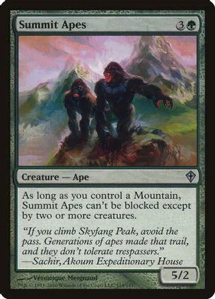 Dark ape creature on a mountain landscape card, black and green tones.