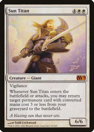 Giant creature with golden hair wielding a sword against a bright sky.