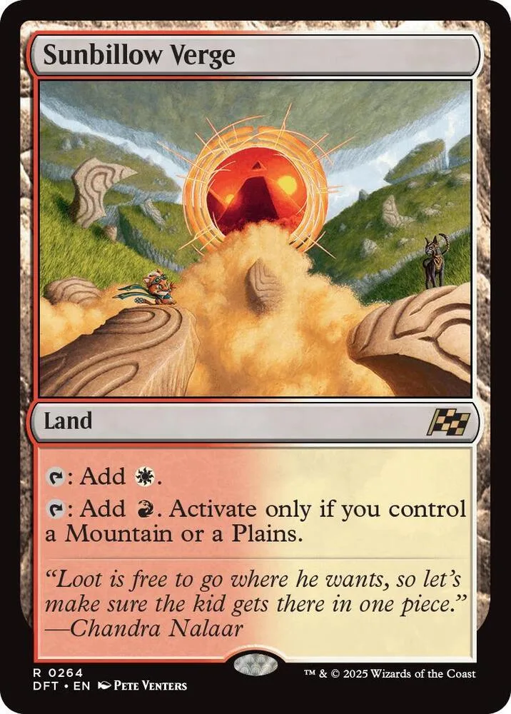 Card art shows fiery sun over golden, rocky landscape. Sunbillow Verge land card.