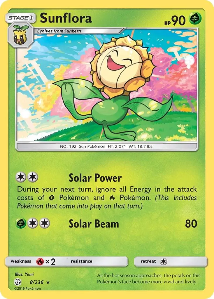 Sunflora Pokémon card, yellow and green, with bright background art.