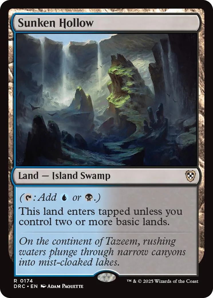 Magic: The Gathering card, Sunken Hollow, swamp landscape art, black and green.
