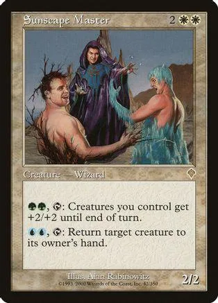 Wizard character in purple and blue robes with a man in brown. Magic card.