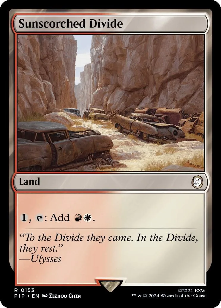 Magic: The Gathering land card, "Sunscorched Divide," desert landscape art.