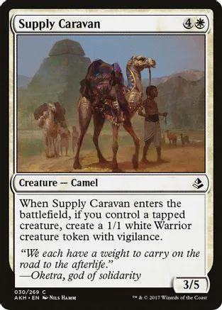 Camel caravan in desert landscape on Magic: The Gathering card.