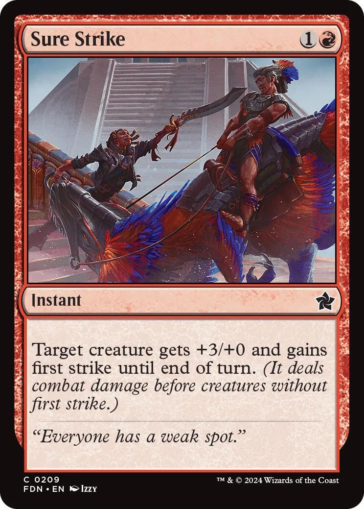 Card art shows warrior on horseback drawing bow against backdrop. Sure Strike.