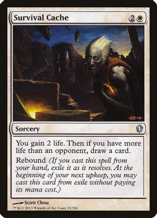 Magic: The Gathering card, Survival Cache, dark fantasy art, black and white text.