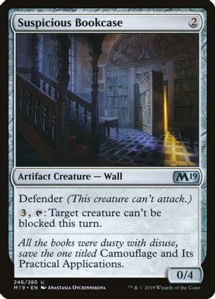 Dark library scene on a Magic: The Gathering card, Suspicious Bookcase.