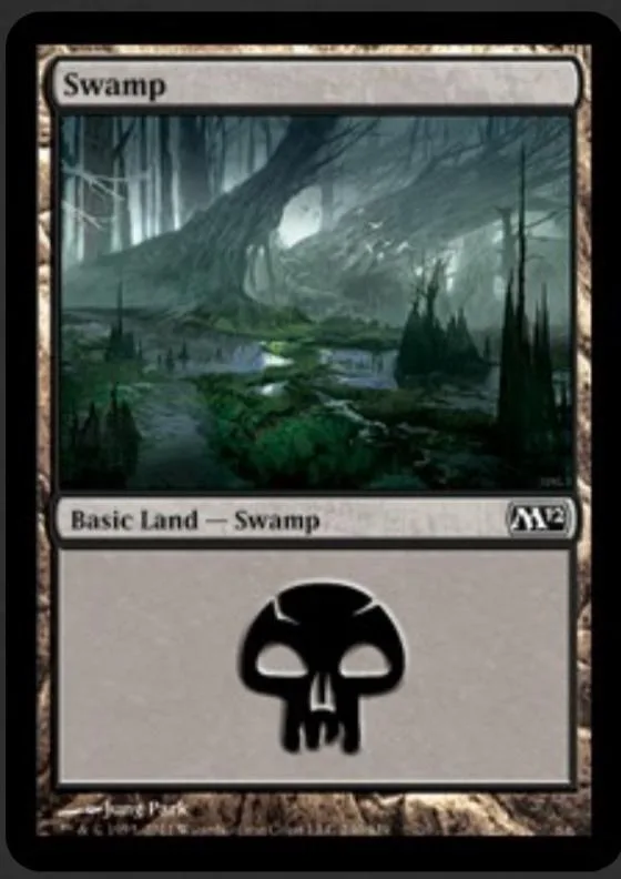 Green and dark swamp landscape on a Magic: The Gathering basic land card.