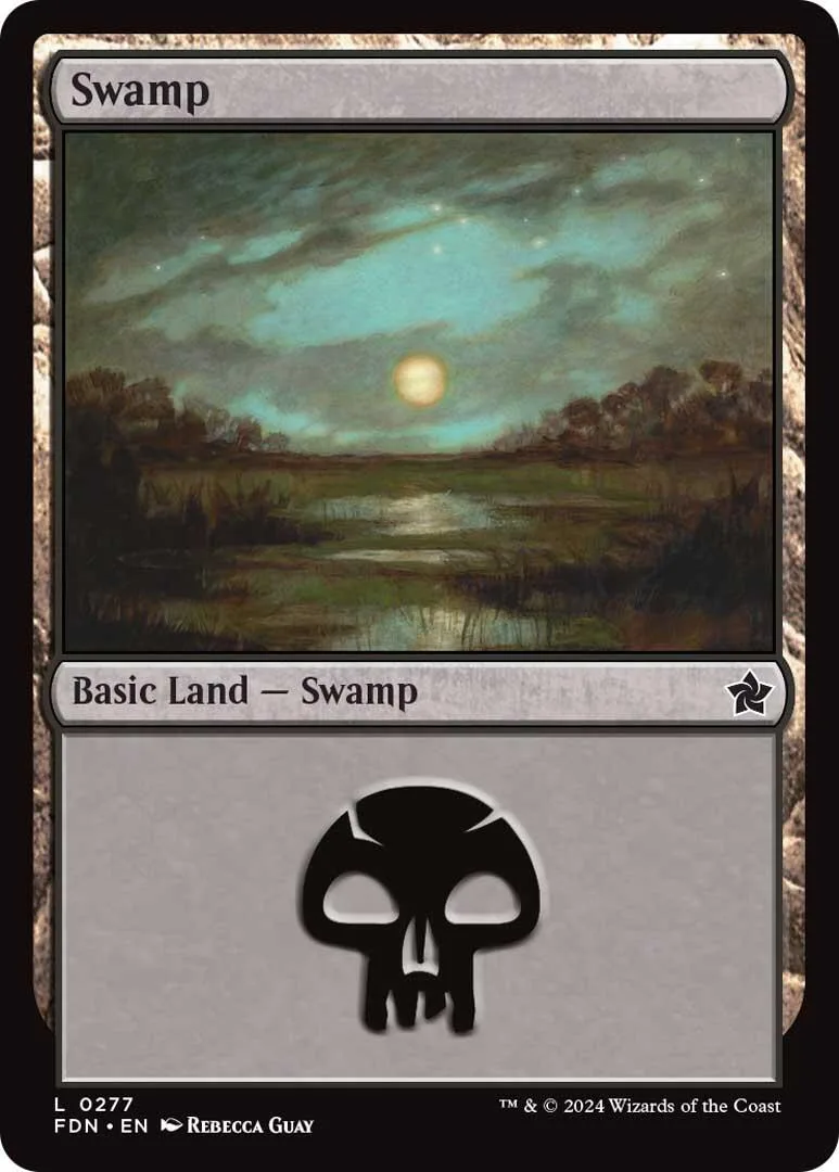 Swamp basic land card art showing a swampy landscape under a moonlit sky.