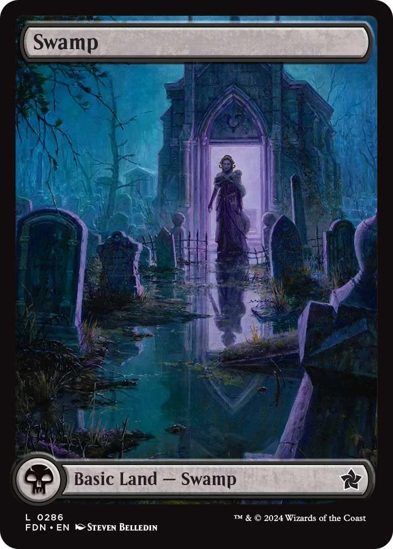 Dark swamp graveyard scene with a figure in a hooded cloak.