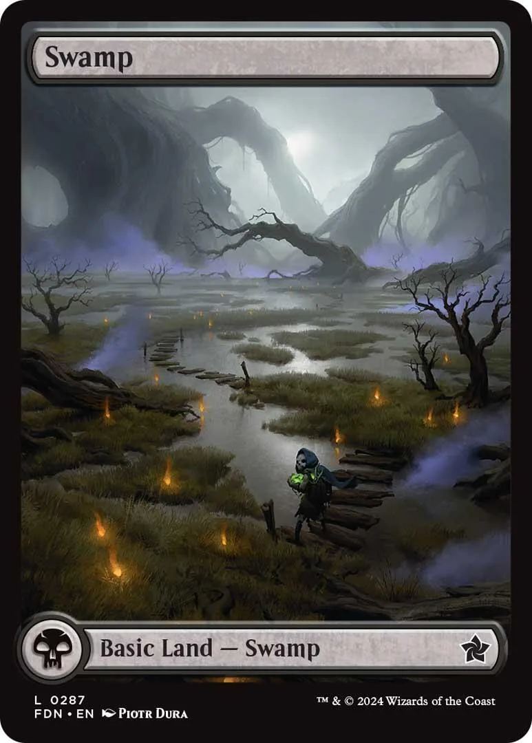 Swamp basic land card art: dark, misty swamp with gnarled trees and small figure.