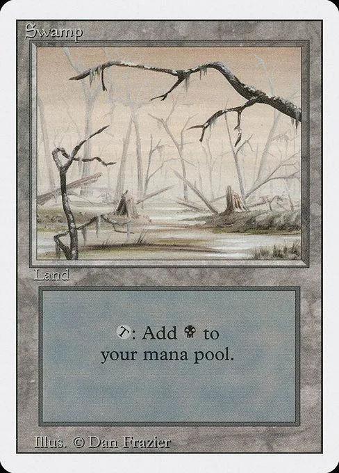 Swamp land card art showing bare trees in a misty, wooded landscape.