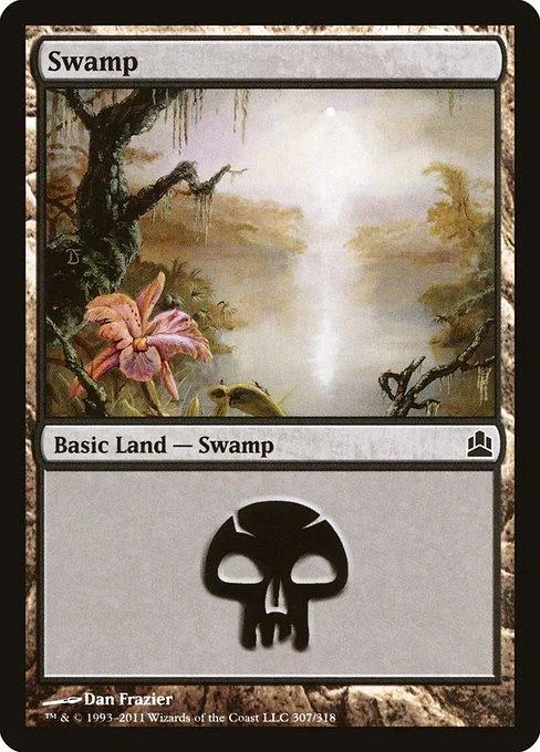 Swamp basic land card art showing misty swamp with tree and flowers.