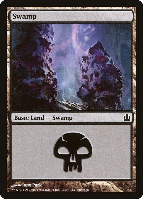 Swamp basic land card art showing dark, misty swamp landscape.