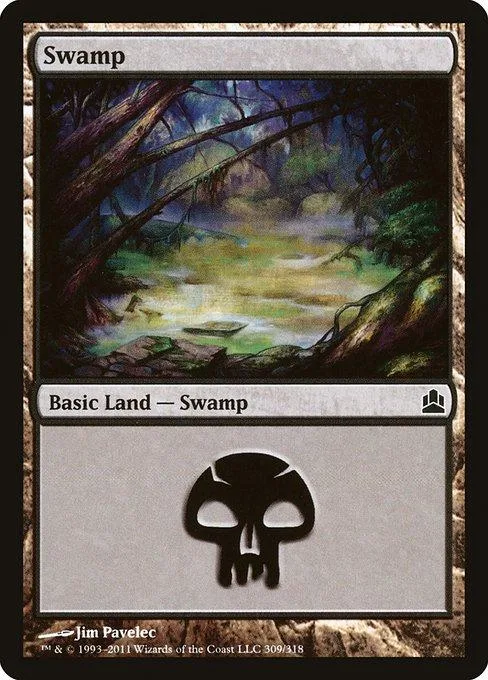 Swamp basic land card art showing a dark, misty swamp landscape.