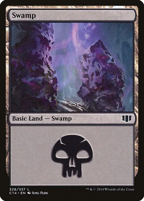 Swamp basic land card art showing purple, misty swamp landscape.