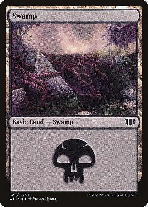 Magic: The Gathering Swamp land card, dark swamp scene art, black skull symbol.