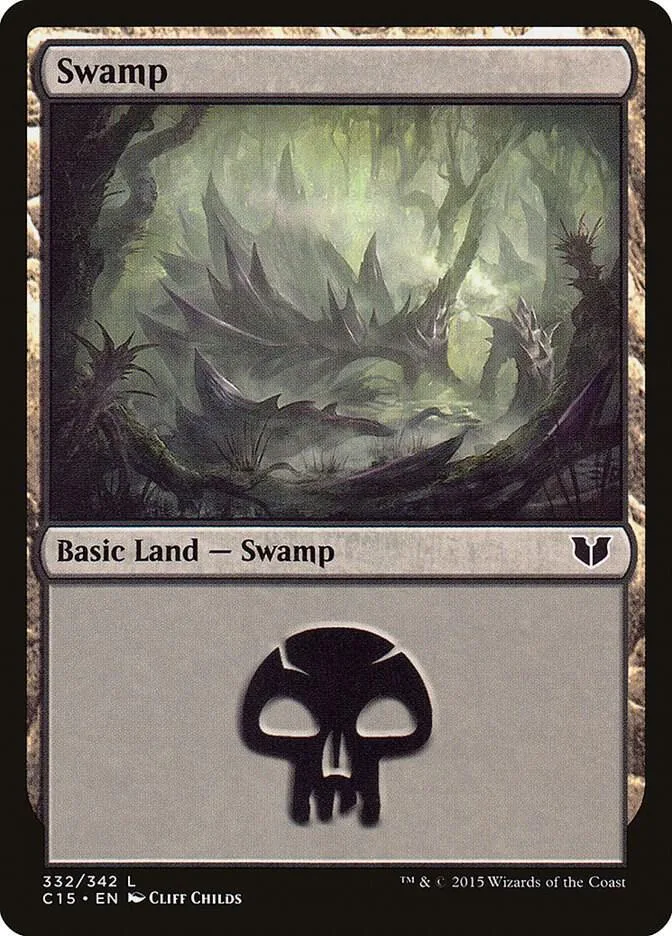Swamp basic land card art of dark, misty swamp forest.
