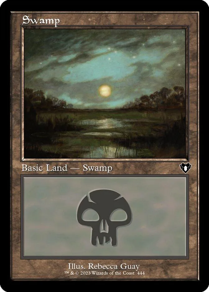 Swamp land card art showing a dark, starry night sky over a swamp.