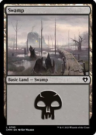 Swamp basic land card art showing misty swamp with dead trees.