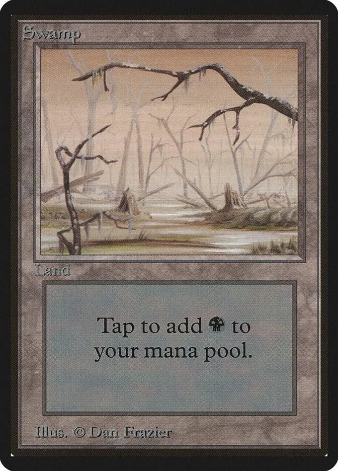 Swamp land card art showing bare trees over a murky stream.