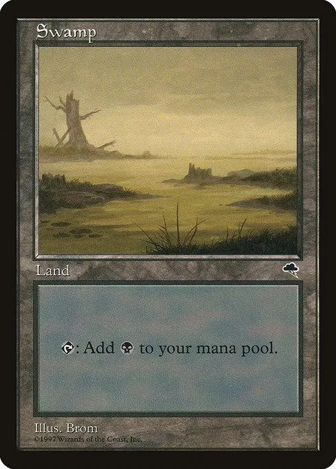 Swamp land card art showing misty swamp landscape. Black and green text.