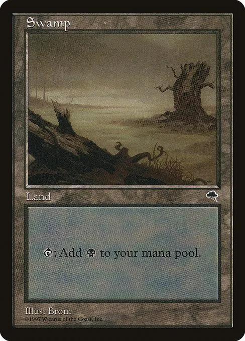 Swamp land card art showing misty swamp with dead tree and logs.