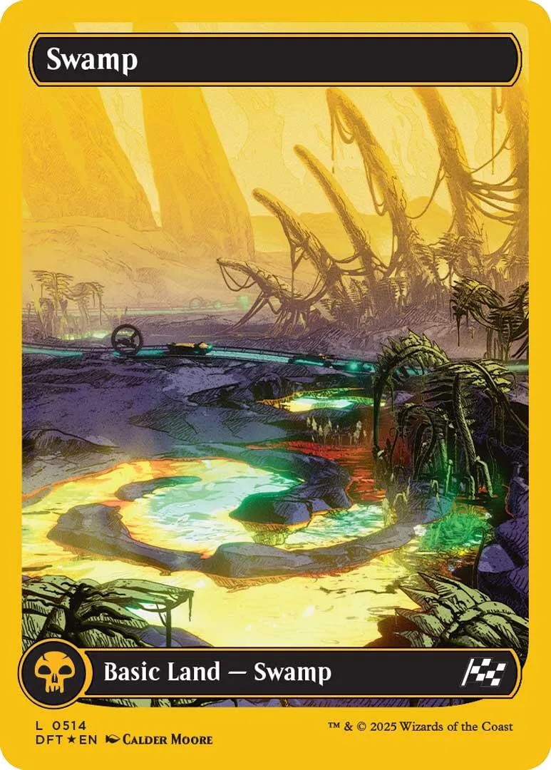 Swamp land card art showing murky water, gnarled trees, and yellow-orange lighting.