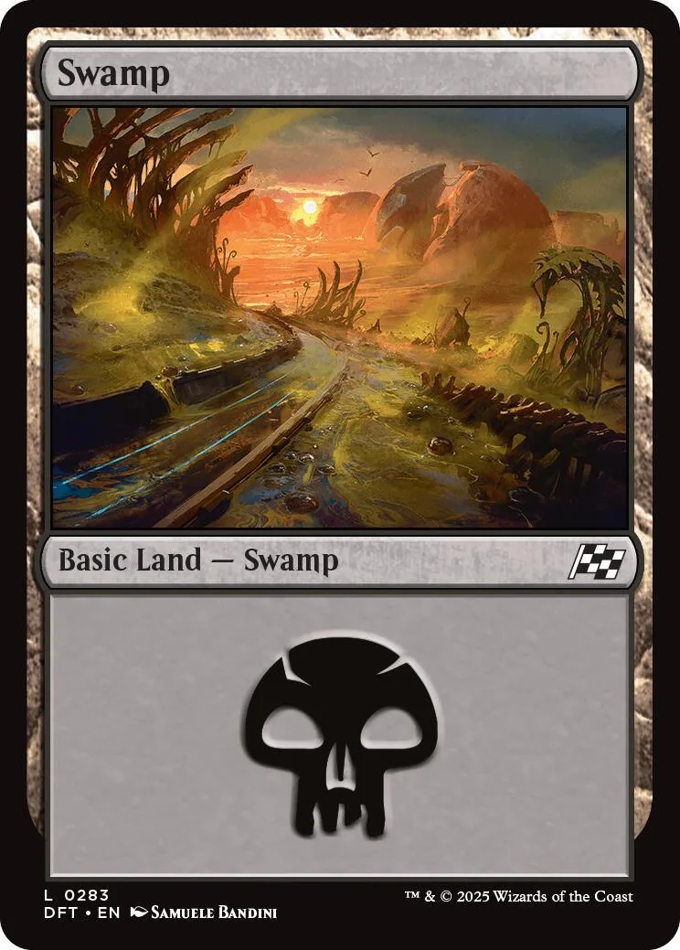 Swamp basic land card art shows swampy landscape at sunset.