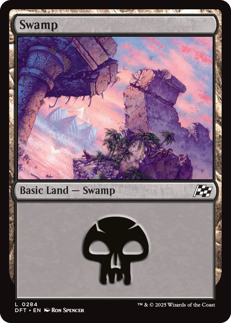 Swamp basic land card art showing swampy landscape under pink sky.