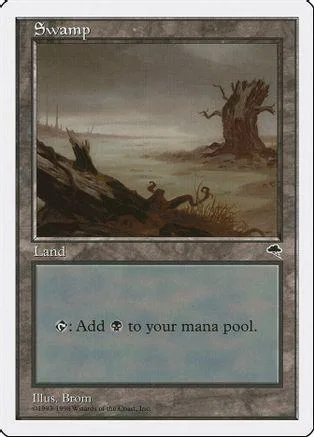 Swamp land card art showing a swampy landscape with a dead tree.