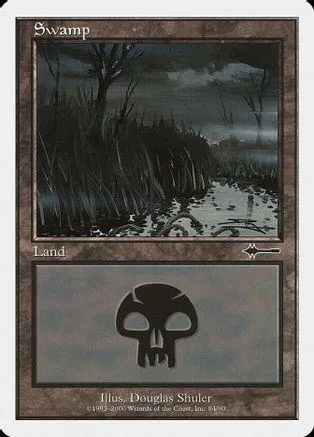 Dark swamp landscape art on a Magic: The Gathering Swamp land card.