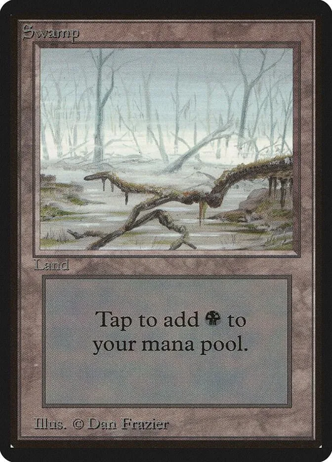 Swamp land card art showing misty woods and fallen branches.
