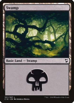 Swamp basic land card art shows dark, mossy forest scene.
