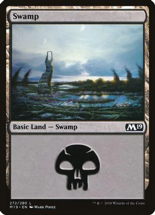 Swamp basic land card art showing misty swamp landscape.