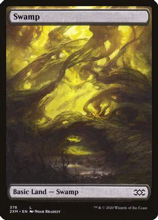 Dark swamp landscape art on a Magic: The Gathering basic land card.