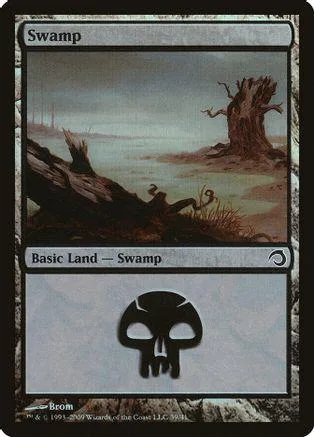 Swamp basic land card art showing murky swamp landscape with dead trees.