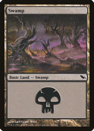 Dark swamp landscape art on a Magic: The Gathering basic land card.