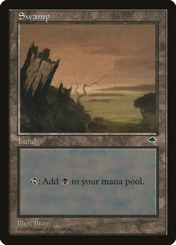 Swamp land card art showing dark swamp landscape. Black and brown tones.