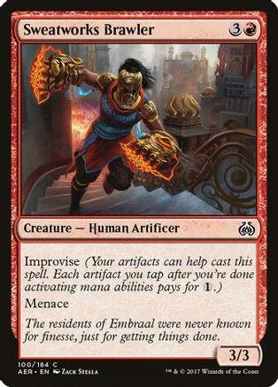 Brawler creature card art: muscular figure with fiery effects, red and blue tones.