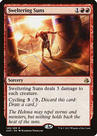 Card art shows figure in fiery, sunlit environment. Sorcery card text visible.