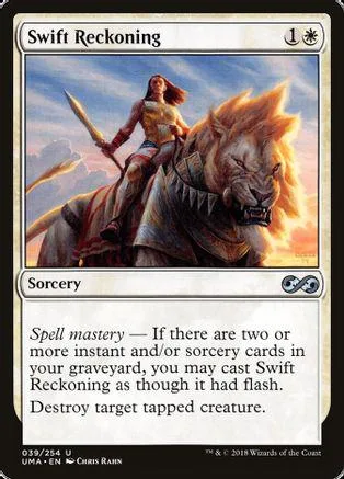 Card art: woman on a lion. Swift Reckoning sorcery card.