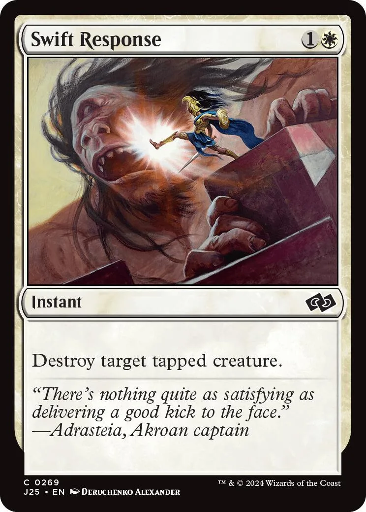 Card art depicts a monstrous face and a figure attacking it. Swift Response instant.