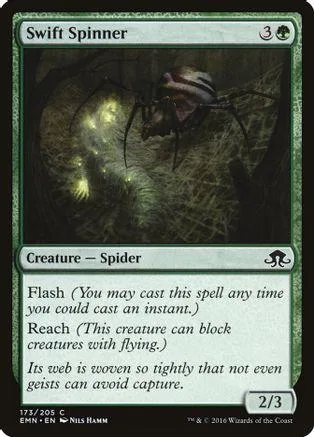 Dark spider creature card with green and black design.