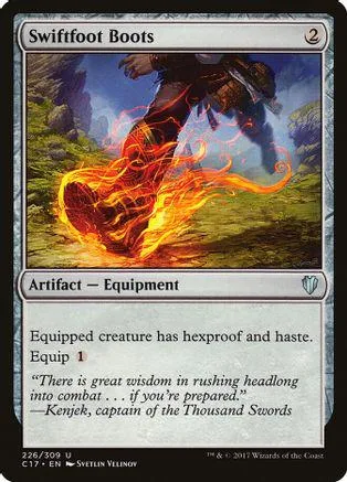 Card art shows boots engulfed in fire on a grassy, wooded landscape.