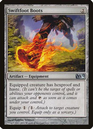Magic: The Gathering Swiftfoot Boots card, featuring fire and green landscape art.