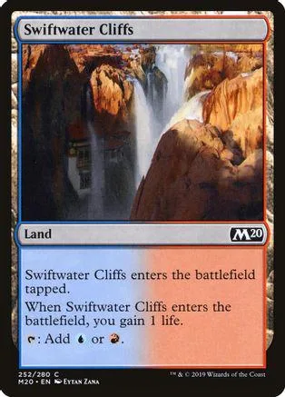 Land card art showing tall, colorful cliffs with waterfalls cascading down.